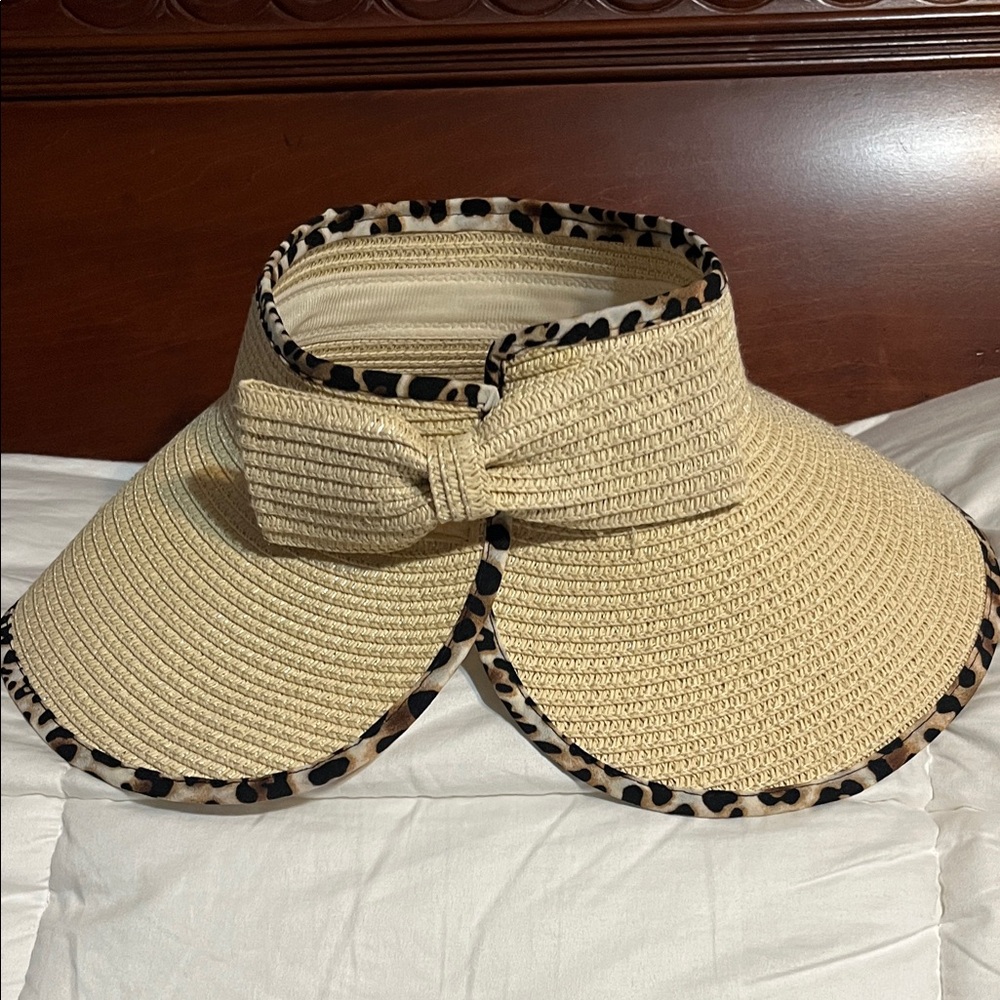 Beige Straw Sun Visor with Leopard-Print Trim